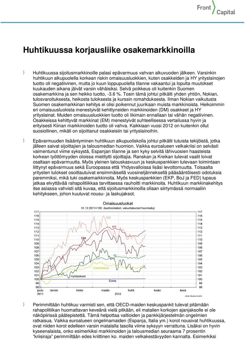 kuukauden aikana jäivät varsin vähäisiksi. Selvä poikkeus oli kuitenkin Suomen osakemarkkina ja sen heikko tuotto, -3.6 %.