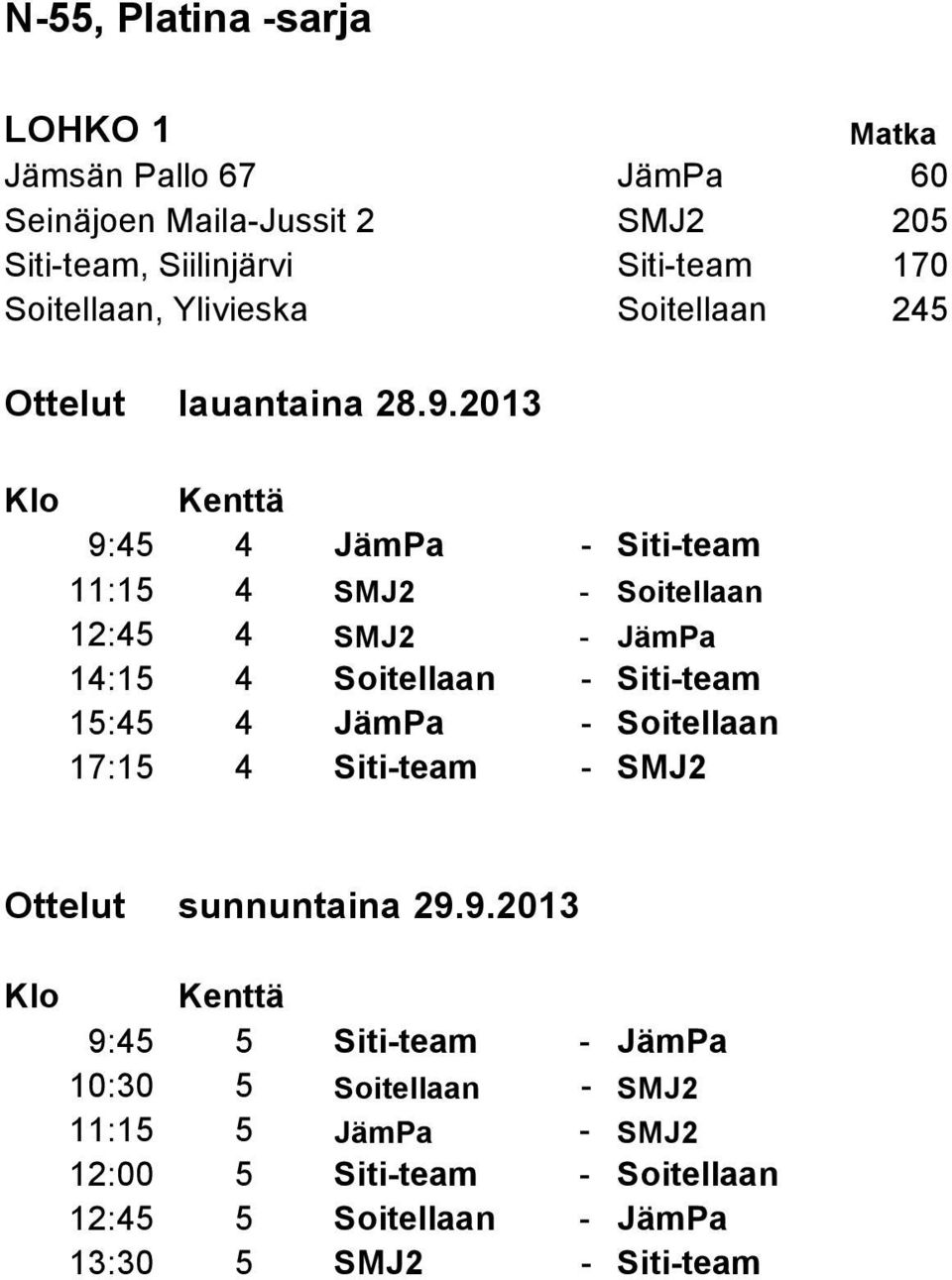 SMJ2 - JämPa 14:15 4 Soitellaan - Siti-team 15:45 4 JämPa - Soitellaan 17:15 4 Siti-team - SMJ2 Klo Kenttä 9:45 5 Siti-team