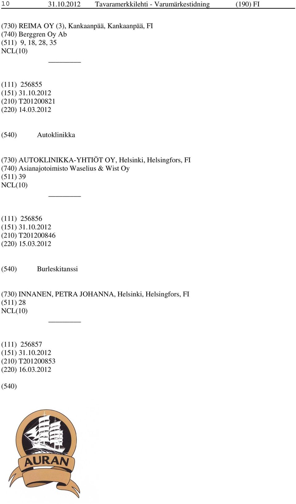 2012 Autoklinikka (730) AUTOKLINIKKA-YHTIÖT OY, Helsinki, Helsingfors, FI (740) Asianajotoimisto Waselius & Wist Oy (511)