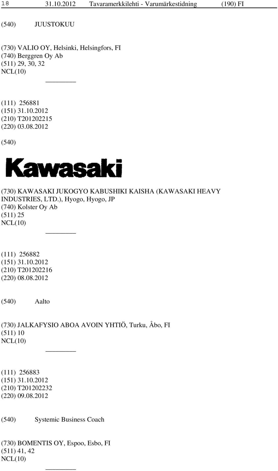30, 32 (111) 256881 (210) T201202215 (220) 03.08.2012 (730) KAWASAKI JUKOGYO KABUSHIKI KAISHA (KAWASAKI HEAVY INDUSTRIES, LTD.