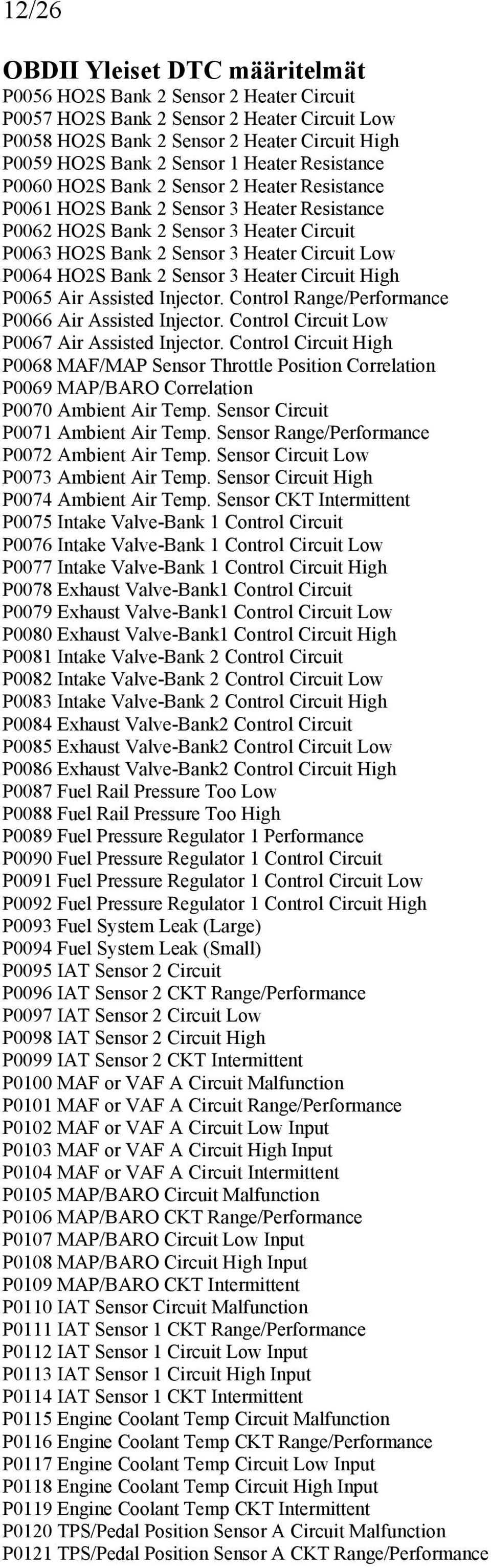 Heater Circuit High P0065 Air Assisted Injector. Control Range/Performance P0066 Air Assisted Injector. Control Circuit Low P0067 Air Assisted Injector.