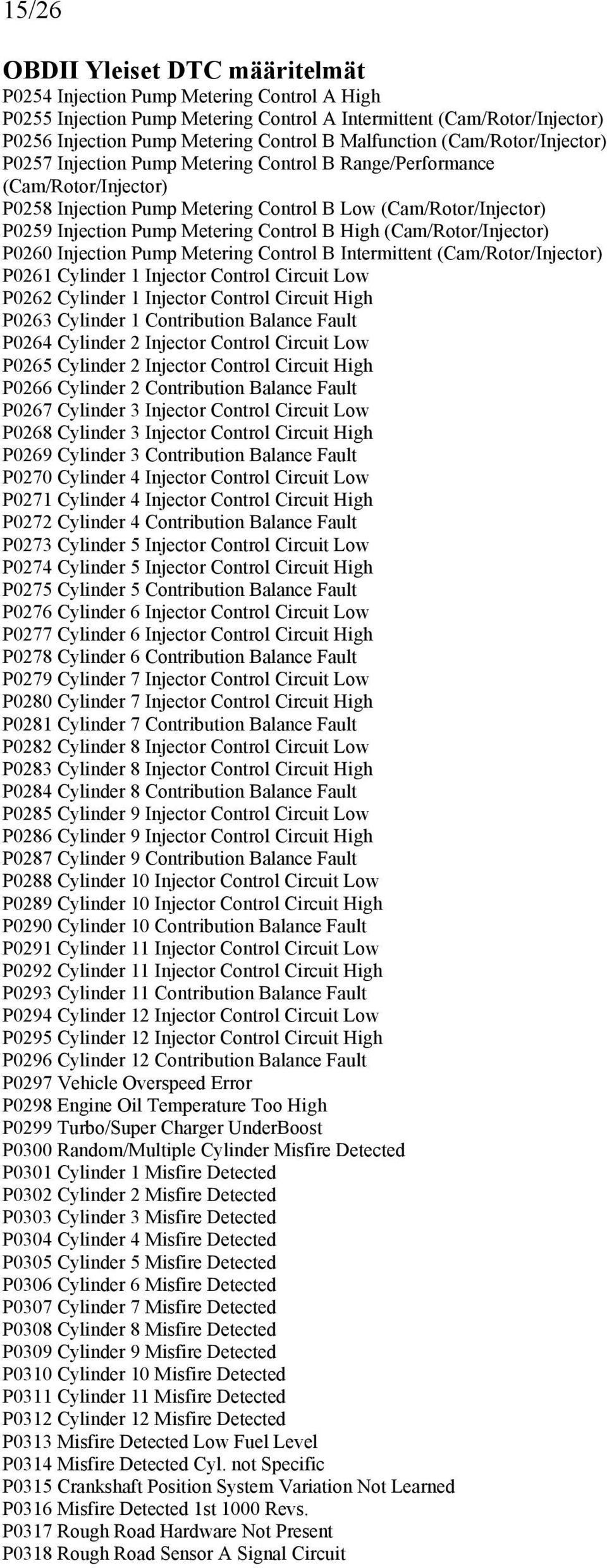 (Cam/Rotor/Injector) P0260 Injection Pump Metering Control B Intermittent (Cam/Rotor/Injector) P0261 Cylinder 1 Injector Control Circuit Low P0262 Cylinder 1 Injector Control Circuit High P0263