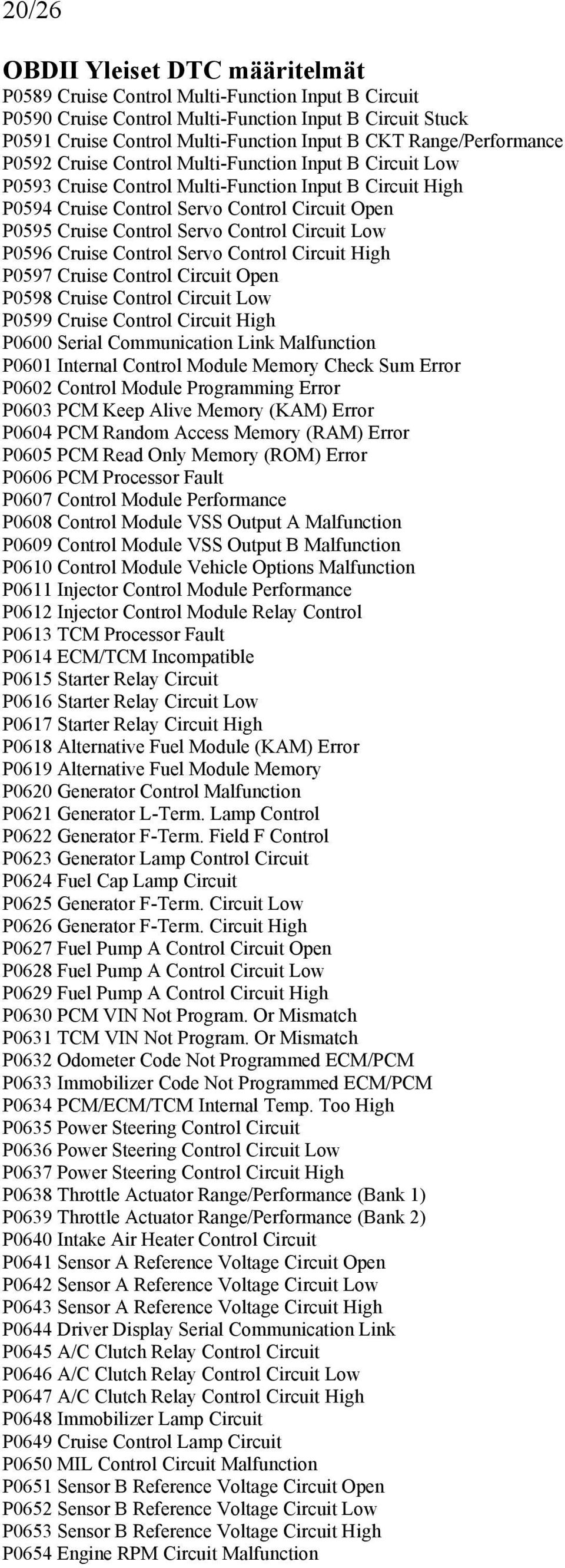 P0596 Cruise Control Servo Control Circuit High P0597 Cruise Control Circuit Open P0598 Cruise Control Circuit Low P0599 Cruise Control Circuit High P0600 Serial Communication Link Malfunction P0601