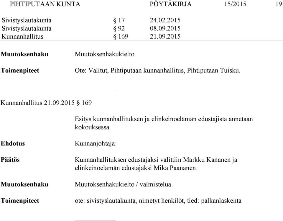 Kunnanhallitus 21.09.2015 169 Esitys kunnanhallituksen ja elinkeinoelämän edustajista annetaan kokouksessa.