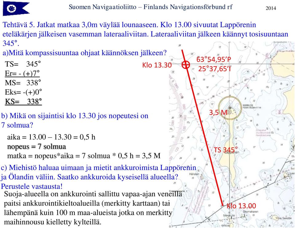 30 = 0,5 h nopeus = 7 solmua matka = nopeus*aika = 7 solmua * 0,5 h = 3,5 M c) Miehistö haluaa uimaan ja mietit ankkuroimista Lappörenin ja Ölandin väliin. Saatko ankkuroida kyseisellä alueella?