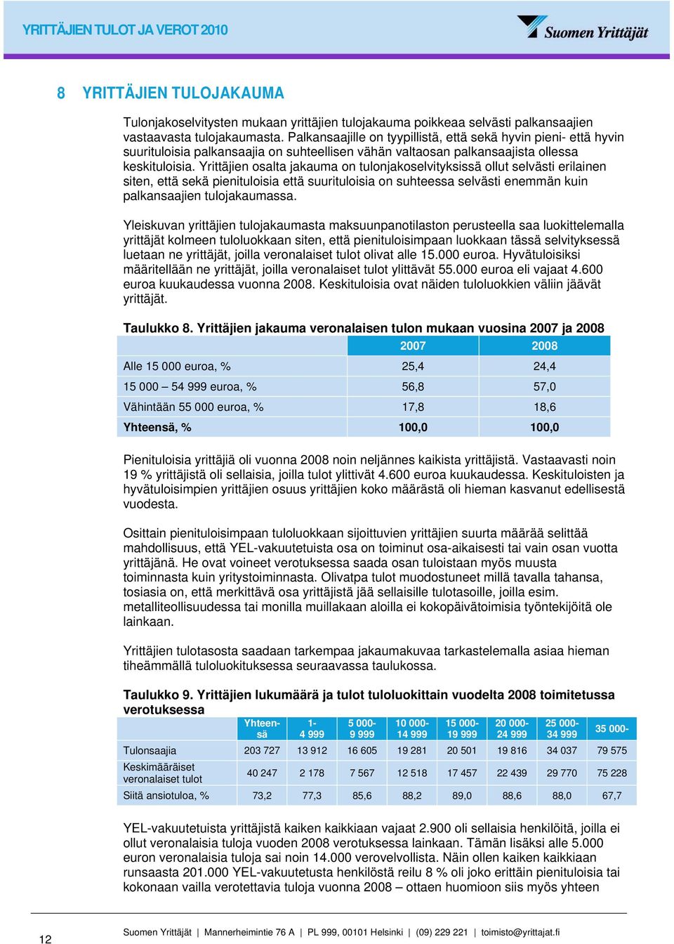 Yrittäjien osalta jakauma on tulonjakoselvityksissä ollut selvästi erilainen siten, että sekä pienituloisia että suurituloisia on suhteessa selvästi enemmän kuin palkansaajien tulojakaumassa.