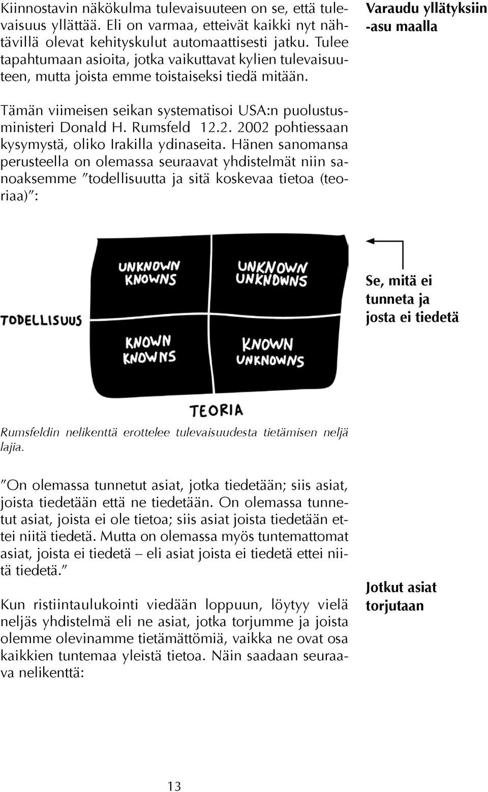 Varaudu yllätyksiin -asu maalla Tämän viimeisen seikan systematisoi USA:n puolustusministeri Donald H. Rumsfeld 12.2. 2002 pohtiessaan kysymystä, oliko Irakilla ydinaseita.