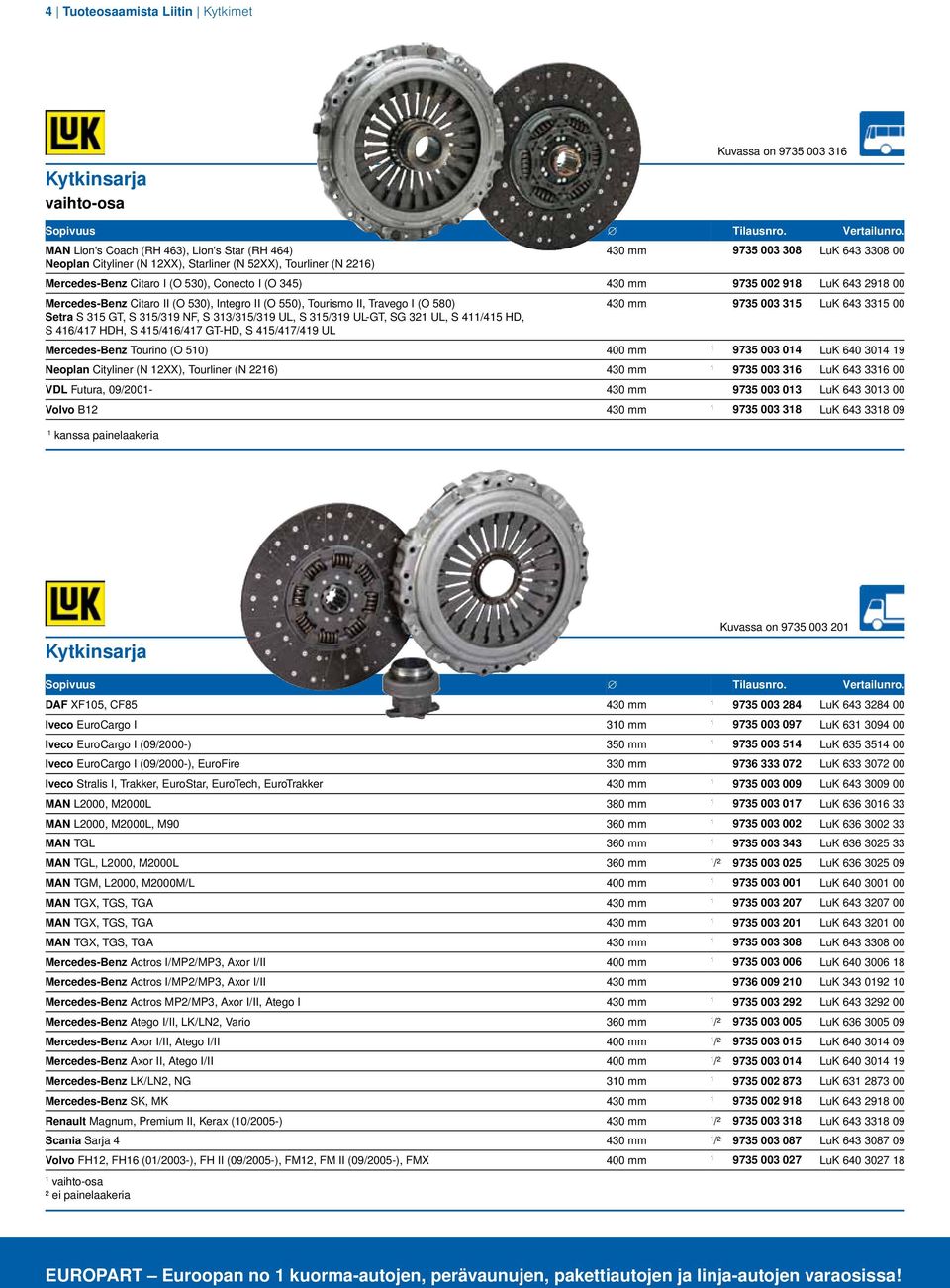 430 mm 9735 002 98 LuK 643 298 00 Mercedes-Benz Citaro II (O 530), Integro II (O 550), Tourismo II, Travego I (O 580) 430 mm 9735 003 35 LuK 643 335 00 Setra S 35 GT, S 35/39 NF, S 33/35/39 UL, S