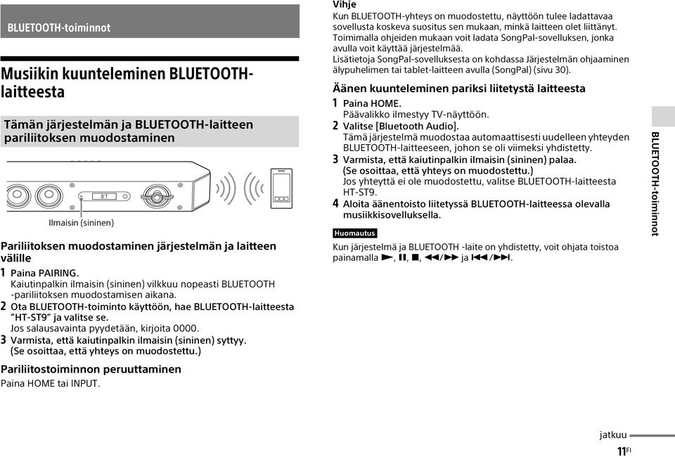 2 Ota BLUETOOTH-toiminto käyttöön, hae BLUETOOTH-laitteesta HT-ST9 ja valitse se. Jos salausavainta pyydetään, kirjoita 0000. 3 Varmista, että kaiutinpalkin ilmaisin (sininen) syttyy.