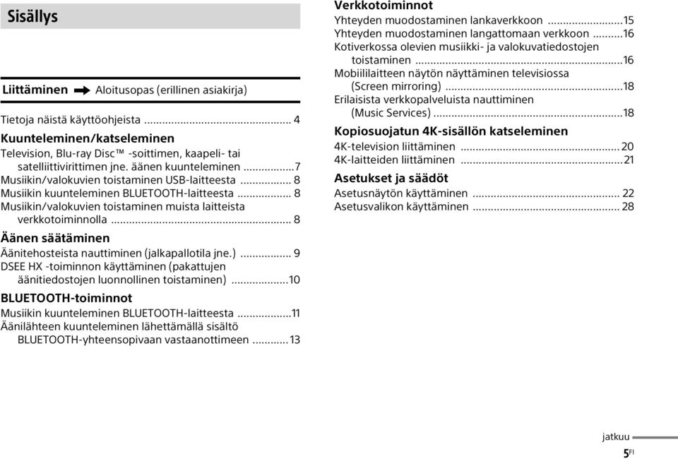 .. 8 Äänen säätäminen Äänitehosteista nauttiminen (jalkapallotila jne.)... 9 DSEE HX -toiminnon käyttäminen (pakattujen äänitiedostojen luonnollinen toistaminen).