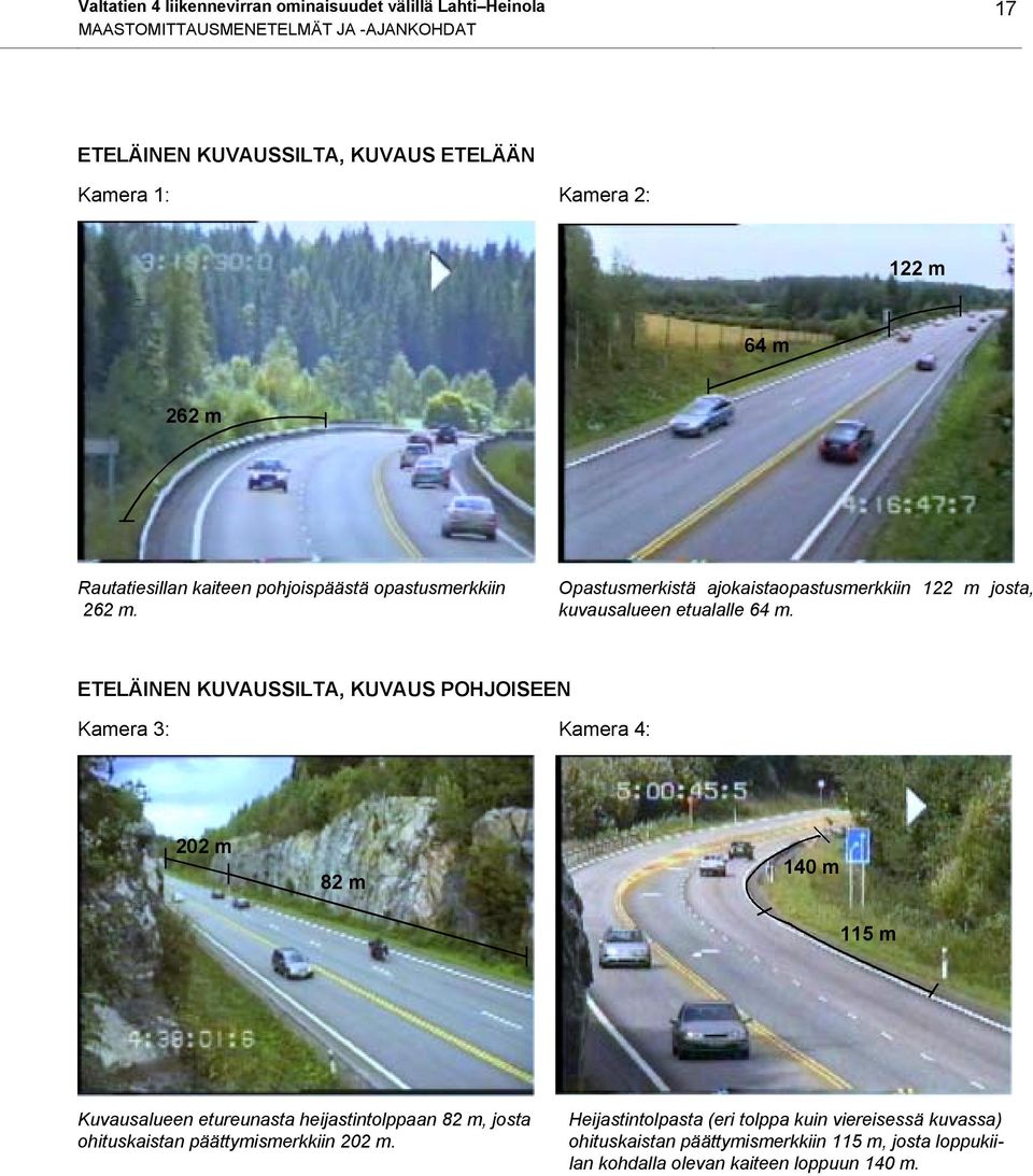 ETELÄINEN KUVAUSSILTA, KUVAUS POHJOISEEN Kamera 3: Kamera 4: 22 m 82 m 14 m 115 m Kuvausalueen etureunasta heijastintolppaan 82 m, josta ohituskaistan