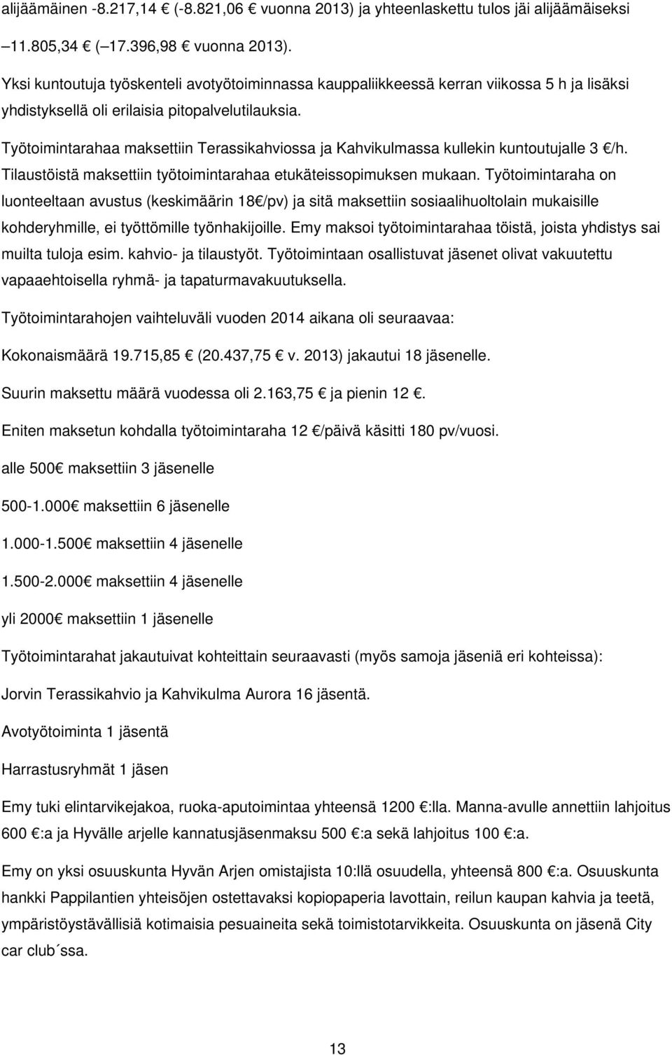 Työtoimintarahaa maksettiin Terassikahviossa ja Kahvikulmassa kullekin kuntoutujalle 3 /h. Tilaustöistä maksettiin työtoimintarahaa etukäteissopimuksen mukaan.