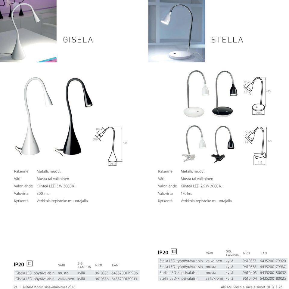 Gisela LED-pöytävalaisin musta kyllä 9610335 6435200179906 Gisela LED-pöytävalaisin valkoinen kyllä 9610336 6435200179913 Stella LED-työpöytävalaisin valkoinen kyllä 9610337 6435200179920
