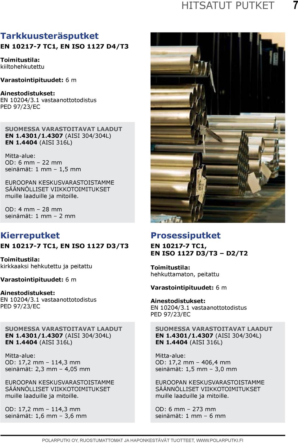 Varastointipituudet: 6 m OD: 17,2 mm 114,3 mm seinämät: 2,3 mm 4,05 mm OD: 17,2 mm 114,3 mm seinämät: 1,6 mm 3,6 mm Prosessiputket EN 10217-7