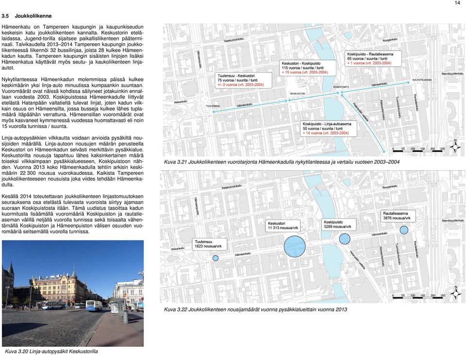 Talvikaudella 2013 2014 Tampereen kaupungin joukkoliikenteessä liikennöi 32 bussilinjaa, joista 28 kulkee Hämeenkadun kautta.