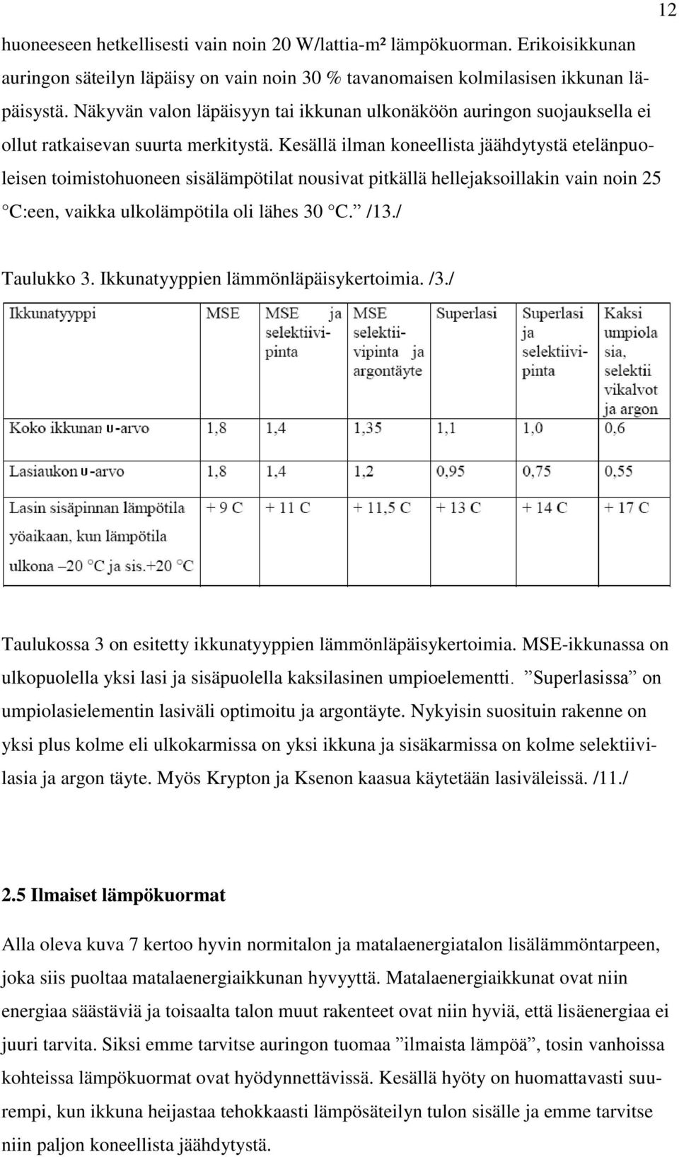 Kesällä ilman koneellista jäähdytystä etelänpuoleisen toimistohuoneen sisälämpötilat nousivat pitkällä hellejaksoillakin vain noin 25 C:een, vaikka ulkolämpötila oli lähes 30 C. /13./ Taulukko 3.