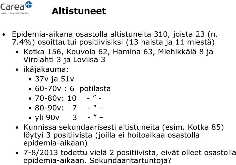 Loviisa 3 ikäjakauma: 37v ja 51v 60-70v : 6 potilasta 70-80v: 10 - - 80-90v: 7 - yli 90v 3 - Kunnissa sekundaarisesti