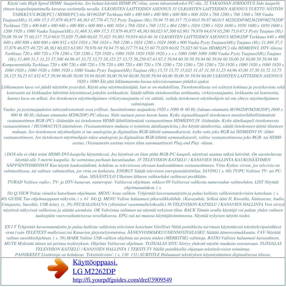 Vaaka Taajuus(kHz) 31,469 37,5 37,879 46,875 48,363 47,776 47,712 Pysty Taajuus (Hz) 59,94 75 60,317 75,0 60,0 59,87 60,015 M2262DP/M2362DP/M2762DP Tarkkuus 720 x 400 640 x 480 640 x 480 800 x 600