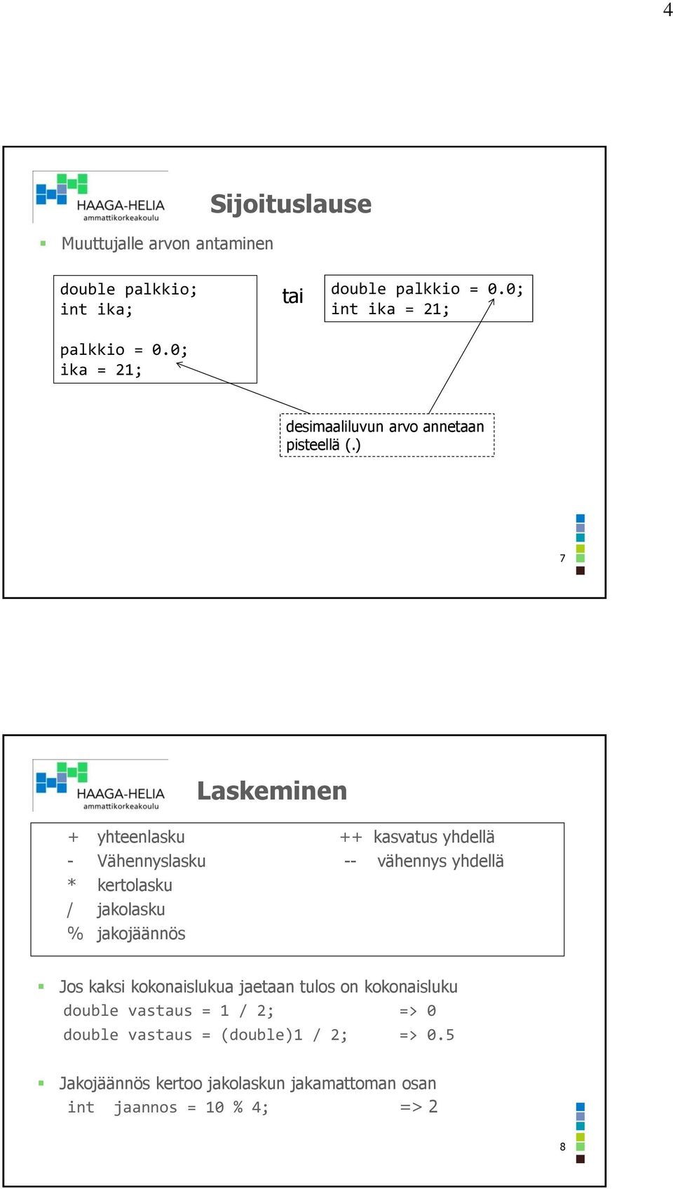 ) 7 Laskeminen + yhteenlasku ++ kasvatus yhdellä - Vähennyslasku -- vähennys yhdellä * kertolasku / jakolasku % jakojäännös