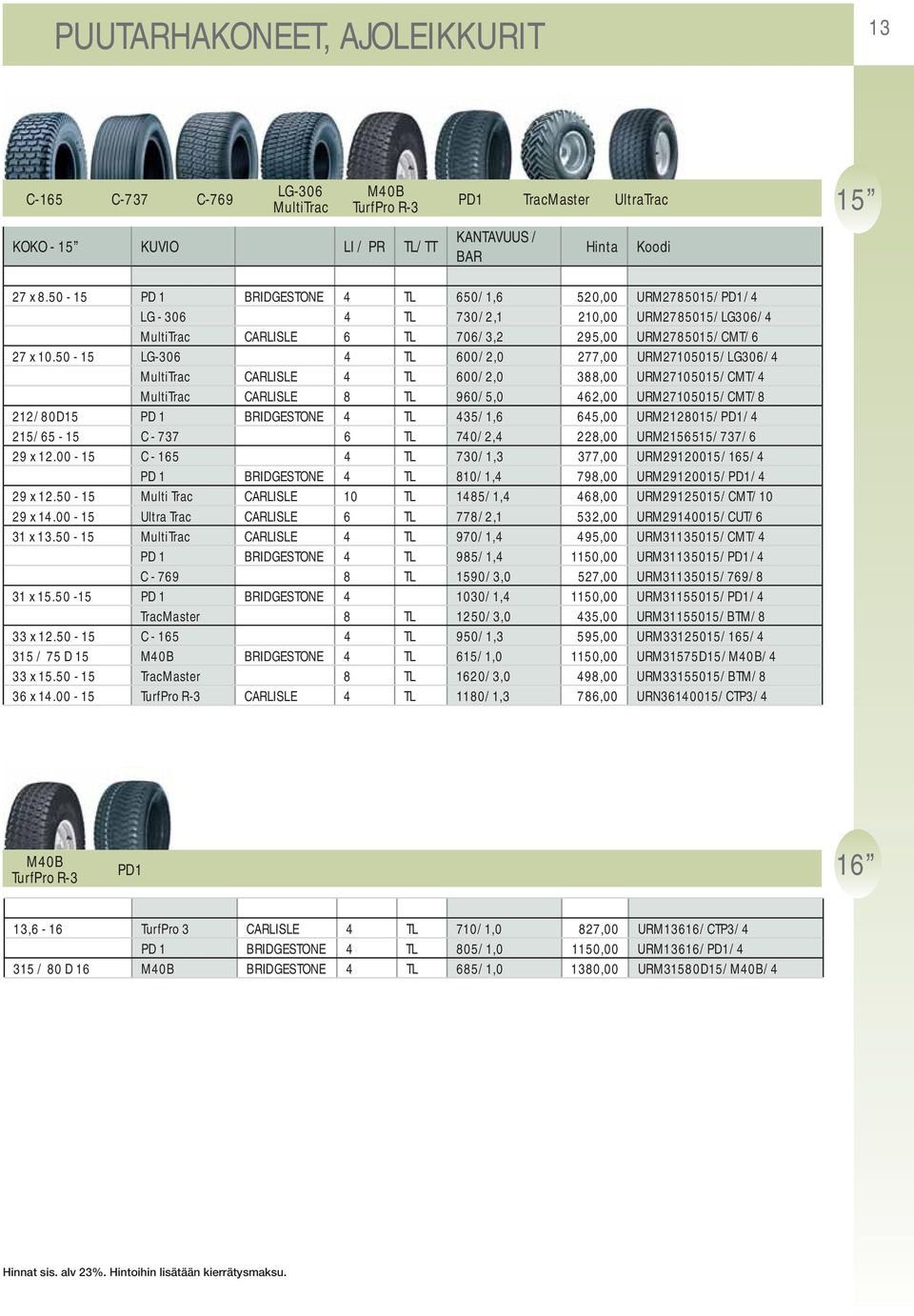 50-15 LG-306 4 TL 600/2,0 277,00 URM27105015/LG306/4 MultiTrac CARLISLE 4 TL 600/2,0 388,00 URM27105015/CMT/4 MultiTrac CARLISLE 8 TL 960/5,0 462,00 URM27105015/CMT/8 212/80D15 PD 1 BRIDGESTONE 4 TL