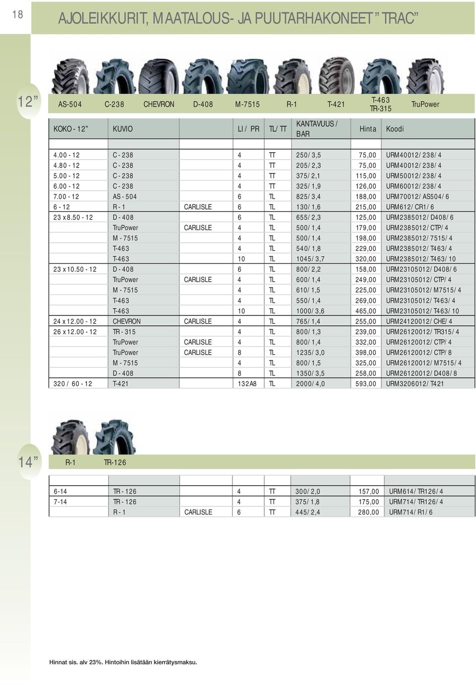 00-12 C - 238 4 TT 325/1,9 126,00 URM60012/238/4 7.00-12 AS - 504 6 TL 825/3,4 188,00 URM70012/AS504/6 6-12 R - 1 CARLISLE 6 TL 130/1,6 215,00 URM612/CR1/6 23 x 8.