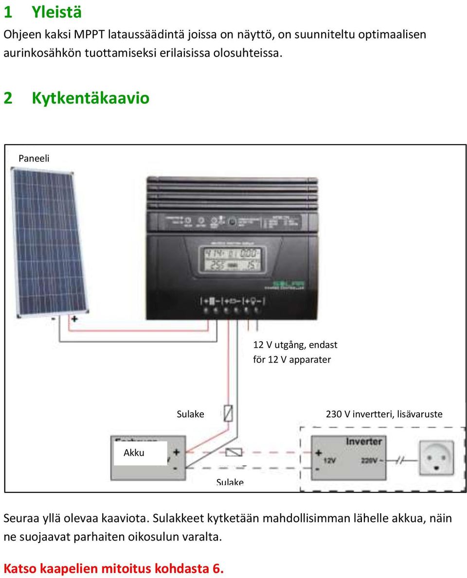 2 Kytkentäkaavio Paneeli 12 V utgång, endast för 12 V apparater Sulake 230 V invertteri, lisävaruste