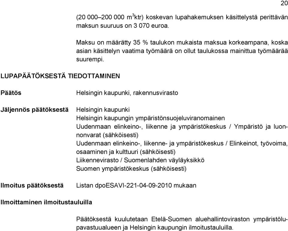 20 Päätös Jäljennös päätöksestä Ilmoitus päätöksestä Helsingin kaupunki, rakennusvirasto Helsingin kaupunki Helsingin kaupungin ympäristönsuojeluviranomainen Uudenmaan elinkeino-, liikenne ja