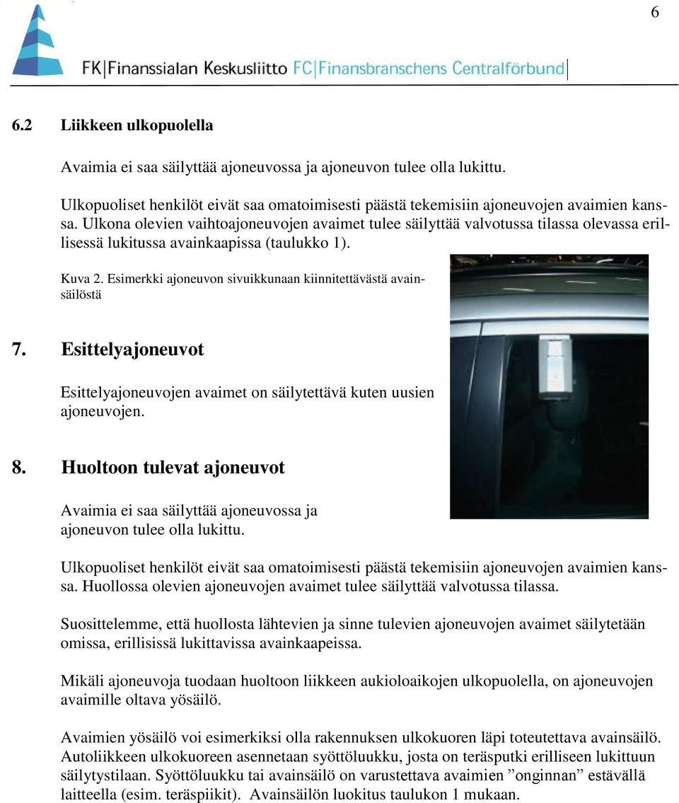 Esimerkki ajoneuvon sivuikkunaan kiinnitettävästä avainsäilöstä 7. Esittelyajoneuvot Esittelyajoneuvojen avaimet on säilytettävä kuten uusien ajoneuvojen. 8.