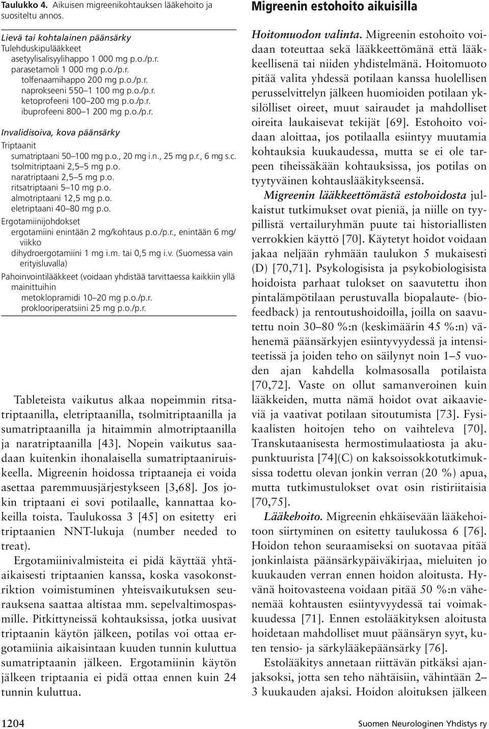 r., 6 mg s.c. tsolmitriptaani 2,5 5 mg p.o. naratriptaani 2,5 5 mg p.o. ritsatriptaani 5 10 mg p.o. almotriptaani 12,5 mg p.o. eletriptaani 40 80 mg p.o. Ergotamiinijohdokset ergotamiini enintään 2 mg/kohtaus p.