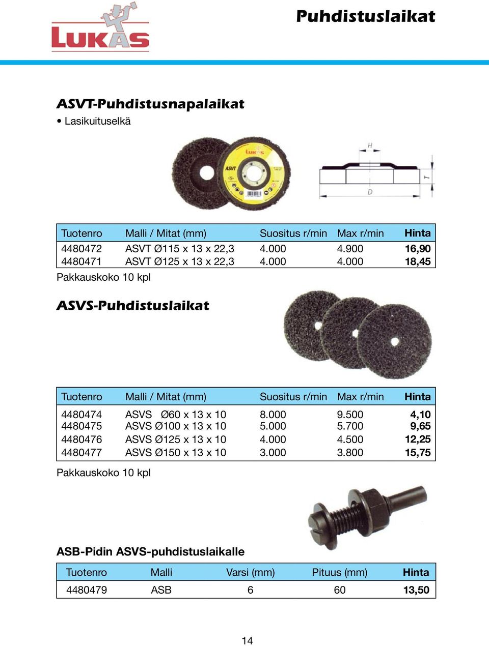 000 18,45 Pakkauskoko 10 kpl ASVS-Puhdistuslaikat Tuotenro Malli / Mitat (mm) Suositus r/min Max r/min Hinta 4480474 ASVS Ø60 x 13 x 10 8.000 9.