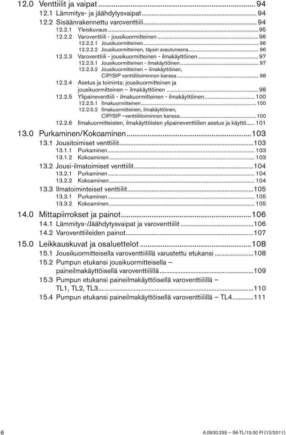 .. 98 12.2.4 Asetus ja toiminta: jousikuormitteinen ja jousikuormitteinen ilmakäyttöinen...98 12.2.5 Ylipaineventtiili - ilmakuormitteinen - ilmakäyttöinen... 100 12.2.5.1 Ilmakuormitteinen...100 12.2.5.2 Ilmakuormitteinen, ilmakäyttöinen, CIP/SIP venttiilitoiminnon kanssa.