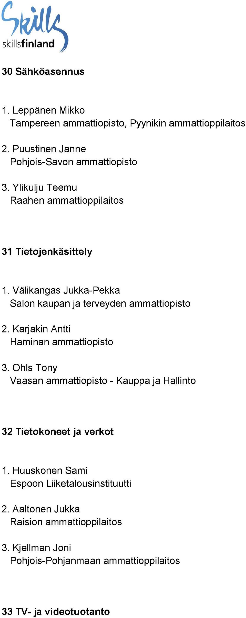 Karjakin Antti Haminan ammattiopisto 3. Ohls Tony Vaasan ammattiopisto - Kauppa ja Hallinto 32 Tietokoneet ja verkot 1.