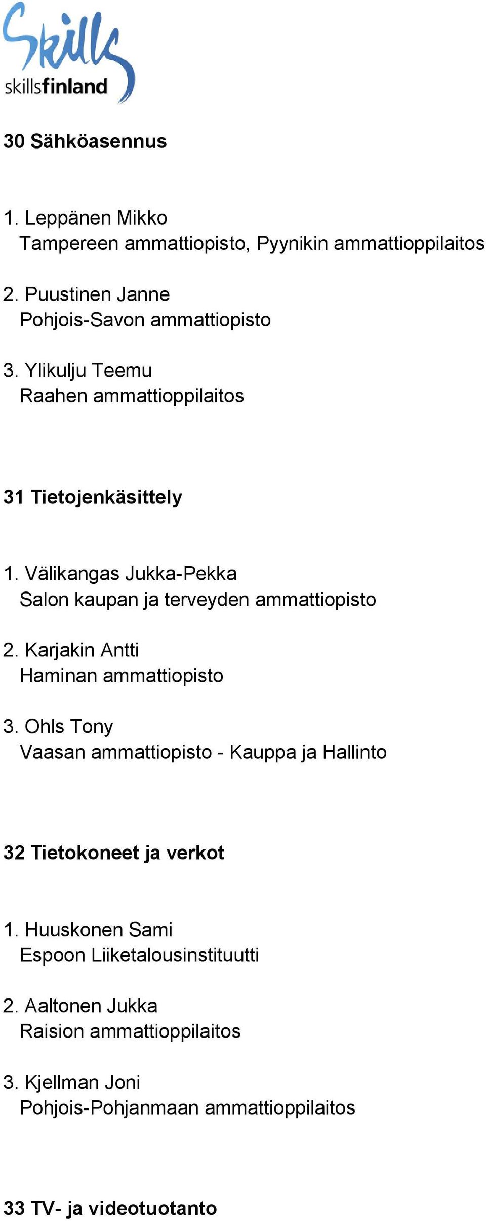 Karjakin Antti Haminan ammattiopisto 3. Ohls Tony Vaasan ammattiopisto - Kauppa ja Hallinto 32 Tietokoneet ja verkot 1.