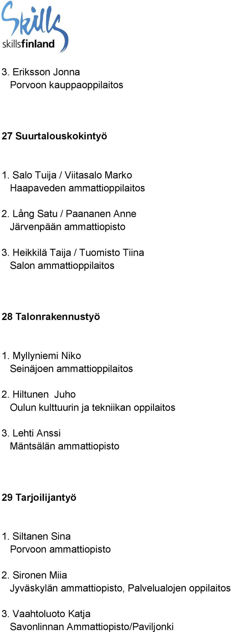 Myllyniemi Niko Seinäjoen ammattioppilaitos 2. Hiltunen Juho Oulun kulttuurin ja tekniikan oppilaitos 3.