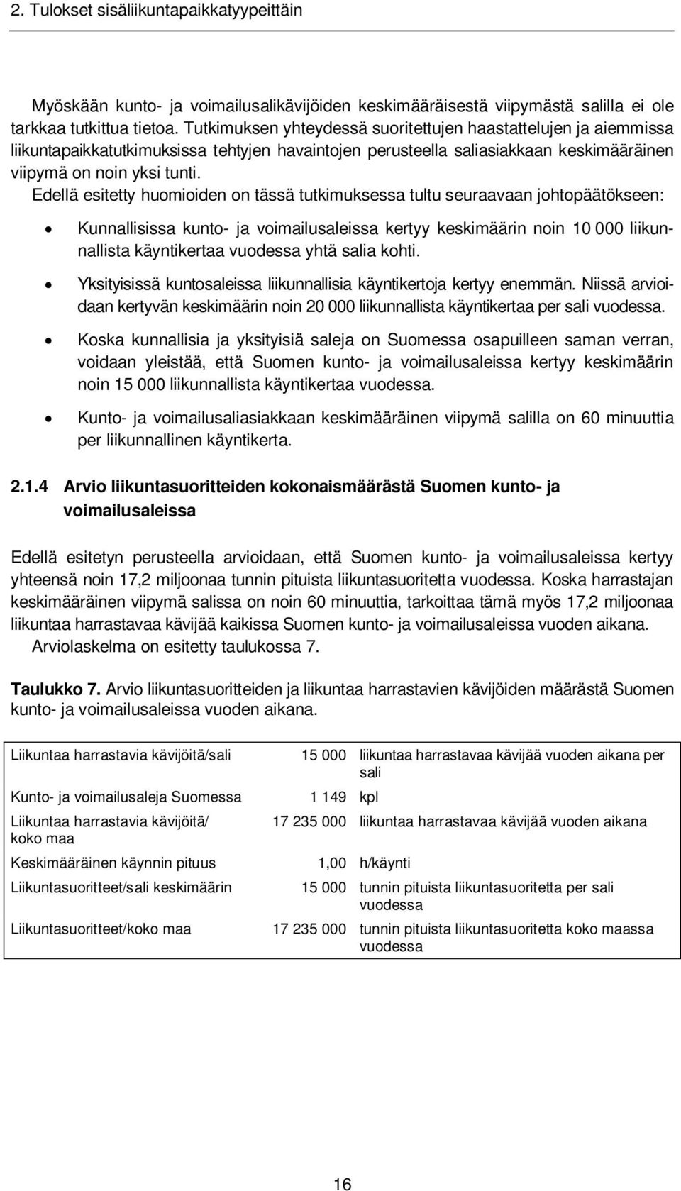 Edellä esitetty huomioiden on tässä tutkimuksessa tultu seuraavaan johtopäätökseen: Kunnallisissa kunto- ja voimailusaleissa kertyy keskimäärin noin 10 000 liikunnallista käyntikertaa vuodessa yhtä