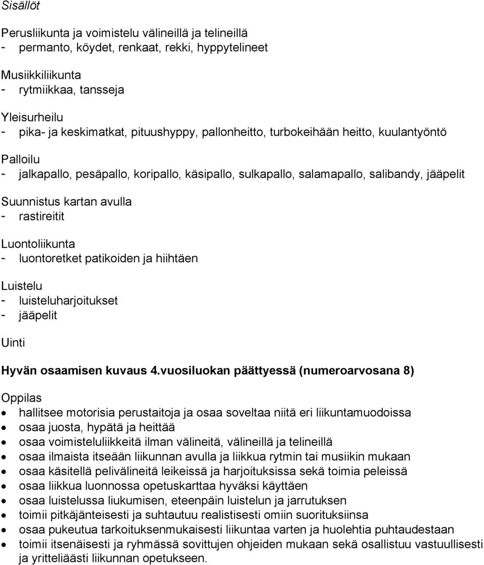 luontoretket patikoiden ja hiihtäen - luisteluharjoitukset - jääpelit Uinti Hyvän osaamisen kuvaus 4.