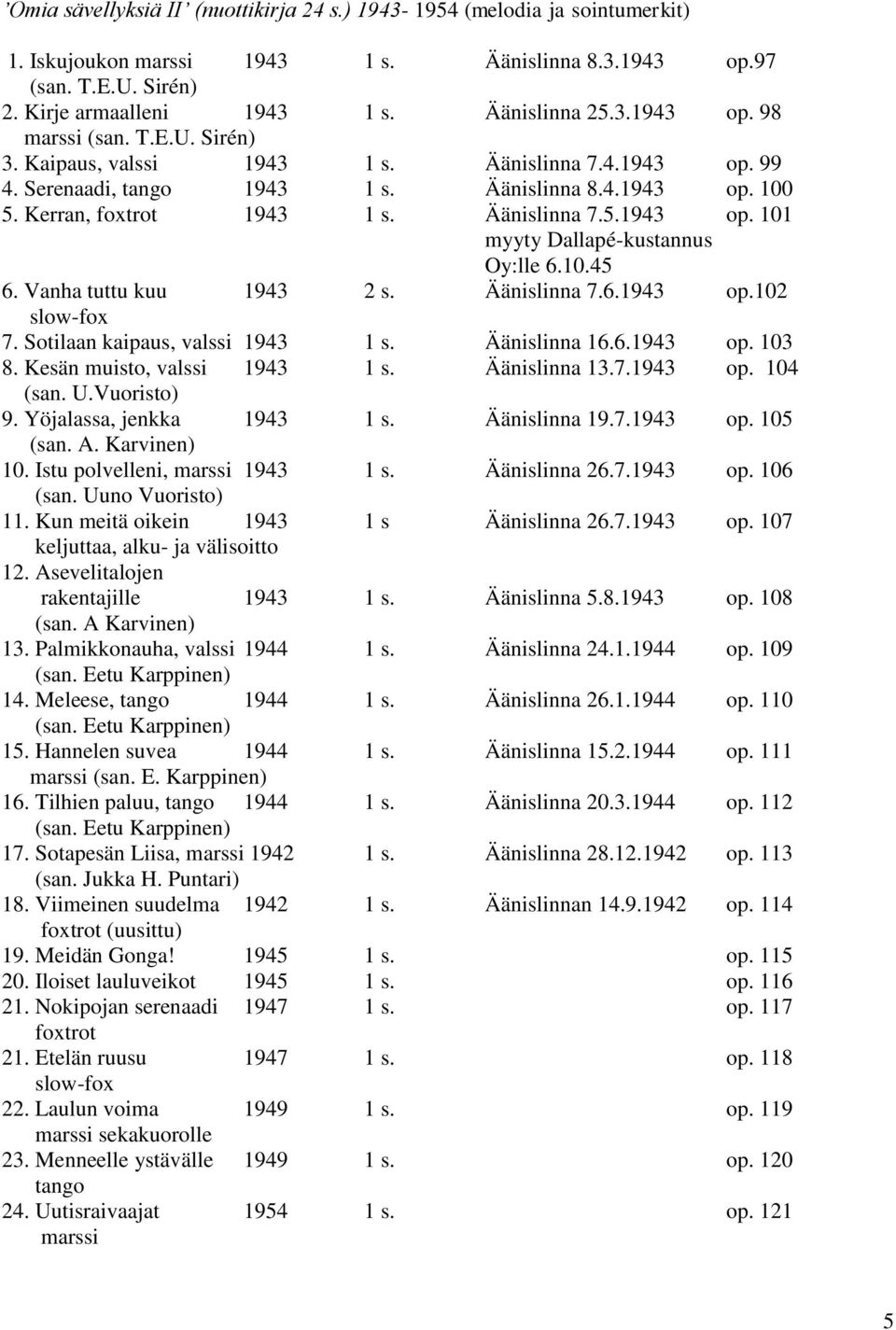 10.45 6. Vanha tuttu kuu 1943 2 s. Äänislinna 7.6.1943 op.102 slow-fox 7. Sotilaan kaipaus, valssi 1943 1 s. Äänislinna 16.6.1943 op. 103 8. Kesän muisto, valssi 1943 1 s. Äänislinna 13.7.1943 op. 104 (san.