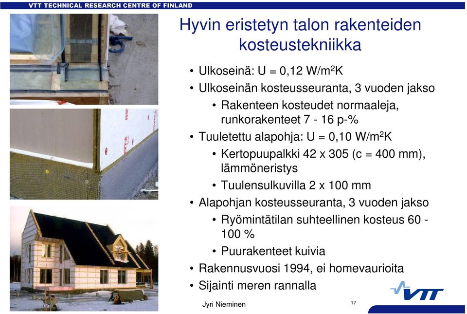 42 x 305 (c = 400 mm), lämmöneristys Tuulensulkuvilla 2 x 100 mm Alapohjan kosteusseuranta, 3 vuoden jakso