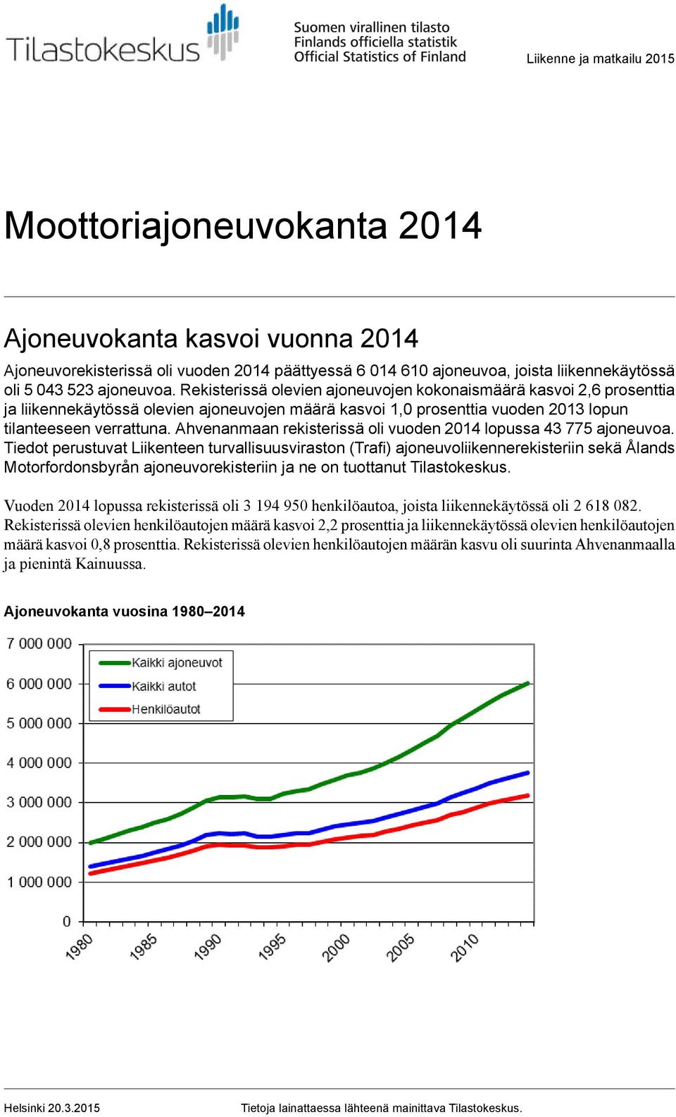 Ahvenanmaan rekisterissä oli vuoden 2014 lopussa 43 775 ajoneuvoa.