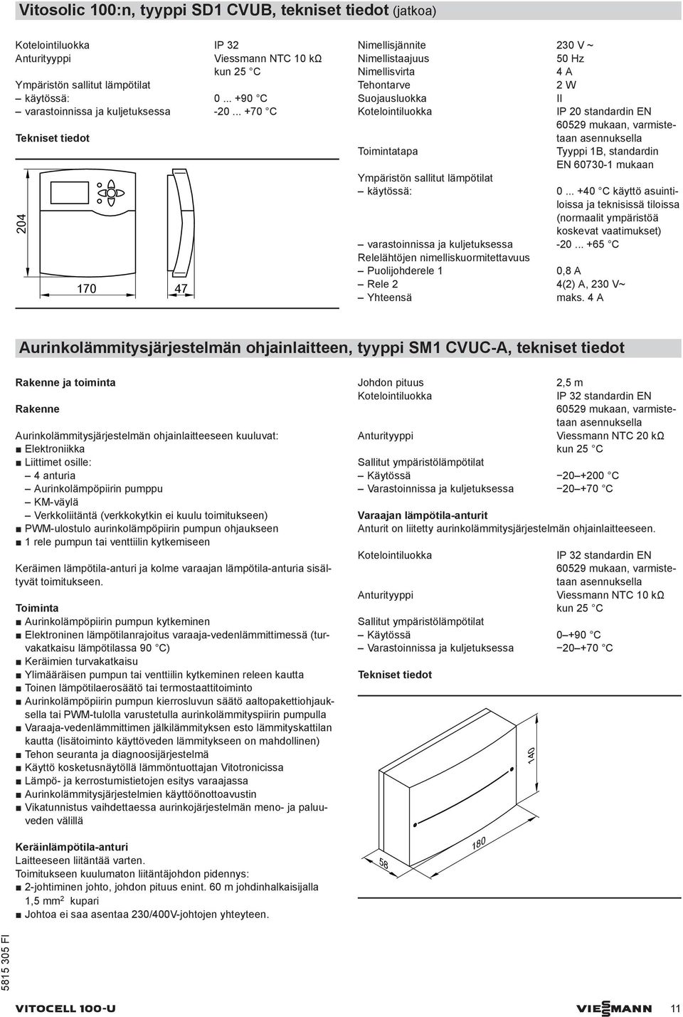 .. +70 C 204 170 47 Nimellisjännite 230 V ~ Nimellistaajuus 50 Hz Nimellisvirta 4 A Tehontarve 2 W Suojausluokka II Kotelointiluokka IP 20 standardin EN 60529 mukaan, varmistetaan asennuksella