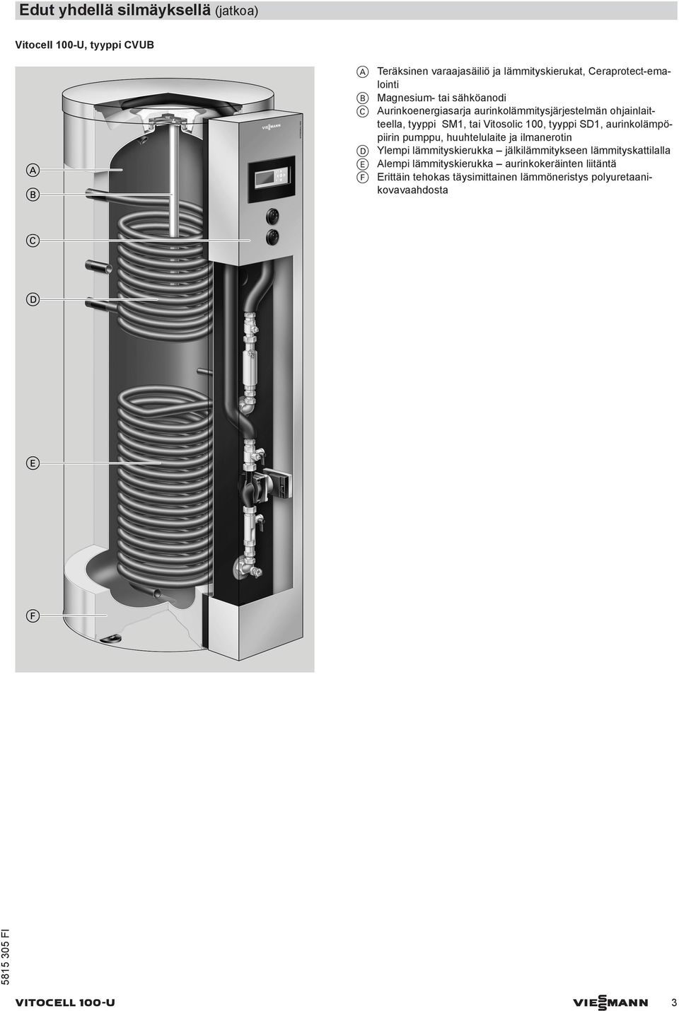 SD1, aurinkolämpöpiirin pumppu, huuhtelulaite ja ilmanerotin D Ylempi lämmityskierukka jälkilämmitykseen lämmityskattilalla E Alempi