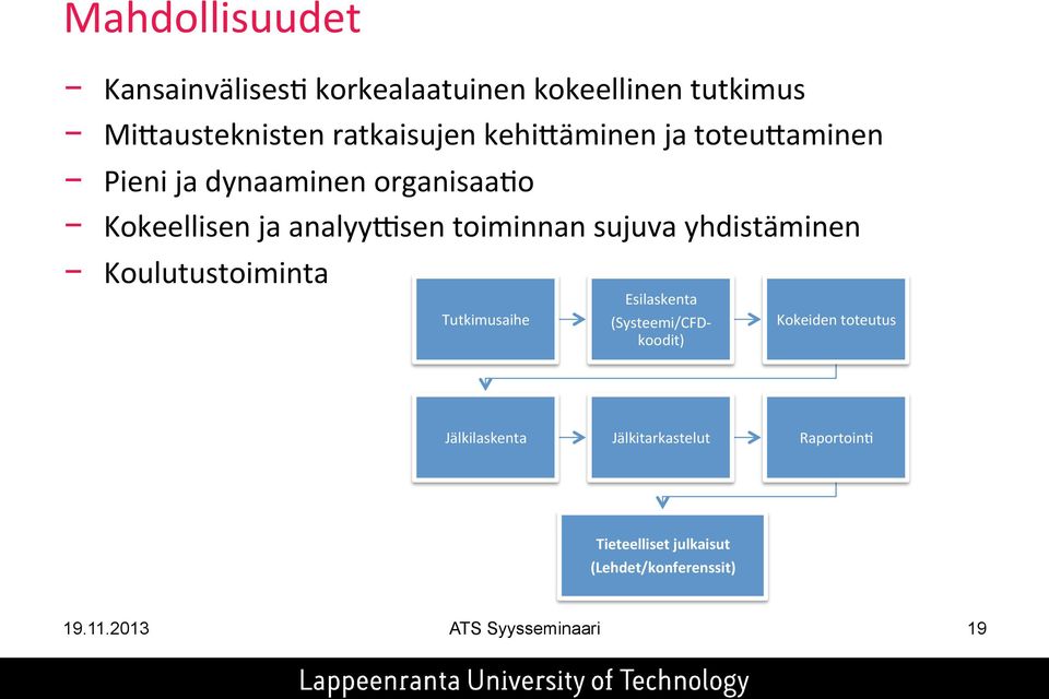 yhdistäminen Koulutustoiminta Tutkimusaihe Esilaskenta (Systeemi/CFD- koodit) Kokeiden toteutus