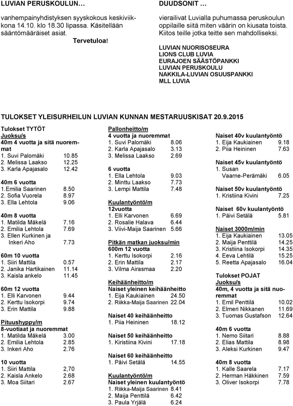 LUVIAN NUORISOSEURA LIONS CLUB LUVIA EURAJOEN SÄÄSTÖPANKKI LUVIAN PERUSKOULU NAKKILA-LUVIAN OSUUSPANKKI MLL LUVIA TULOKSET YLEISURHEILUN LUVIAN KUNNAN MESTARUUSKISAT 20.9.