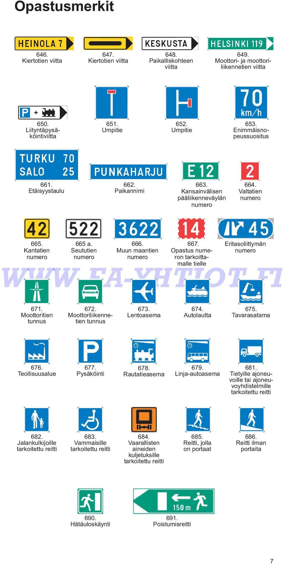 Opastus n tarkoittamalle tielle Eritasoliittymän 671. Moottoritien tunnus 672. Moottoriliikennetien tunnus 673. Lentoasema 674. Autolautta 675. Tavarasatama 676. Teollisuusalue 677. Pysäköinti 678.