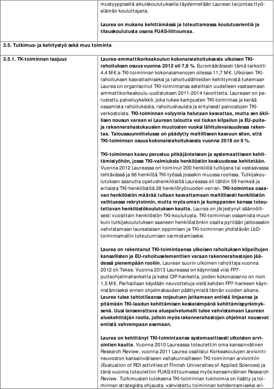 TK-toiminnan laajuus Laurea-ammattikorkeakoulun kokonaisrahoituksesta ulkoisen TKIrahoituksen osuus vuonna 2012 oli 7,6 %.