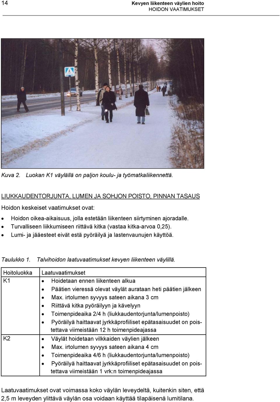 Turvalliseen liikkumiseen riittävä kitka (vastaa kitka-arvoa 0,25). Lumi- ja jääesteet eivät estä pyöräilyä ja lastenvaunujen käyttöä. Taulukko 1.