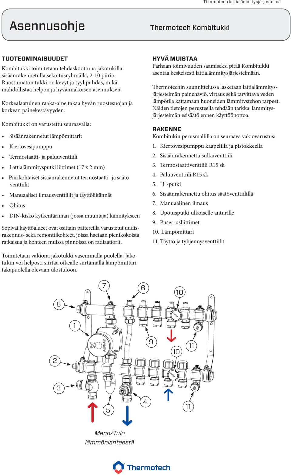 Kombitukki on varustettu seuraavalla: Sisäänrakennetut lämpömittarit Kiertovesipumppu Termostaatti- ja paluuventtiili Lattialämmitysputki liittimet (7 x mm) Piirikohtaiset sisäänrakennetut