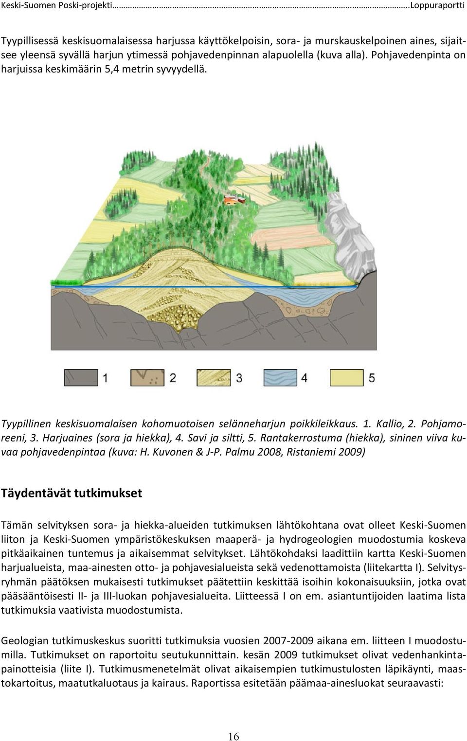 Savi ja siltti, 5. Rantakerrostuma (hiekka), sininen viiva kuvaa pohjavedenpintaa (kuva: H. Kuvonen & J-P.