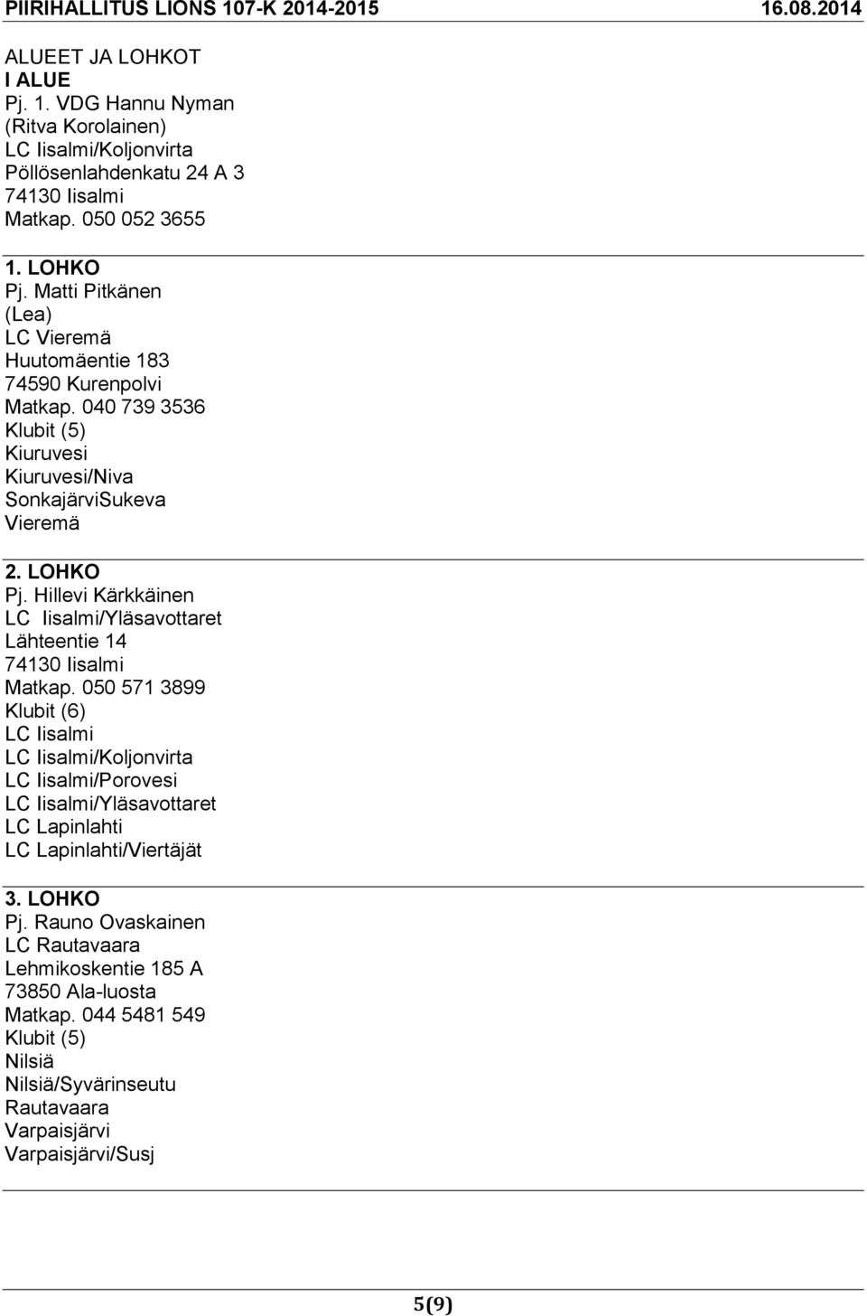 Hillevi Kärkkäinen Lähteentie 14 Matkap. 050 571 3899 Klubit (6) LC Iisalmi LC Iisalmi/Koljonvirta LC Iisalmi/Porovesi LC Lapinlahti LC Lapinlahti/Viertäjät 3.