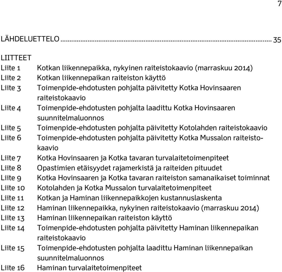 Hovinsaaren raiteistokaavio Liite 4 Toimenpide-ehdotusten pohjalta laadittu Kotka Hovinsaaren suunnitelmaluonnos Liite 5 Toimenpide-ehdotusten pohjalta päivitetty Kotolahden raiteistokaavio Liite 6